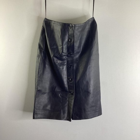 Oscar De La Renta Navy Leather Button Down Skirt SZ:4 NWT